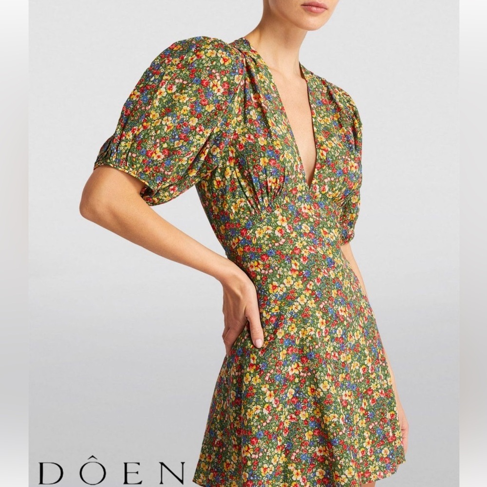 DOEN Emilia Dress Green Valley Ditsy Floral Earthy Bubble Sleeve Dress Size XXS